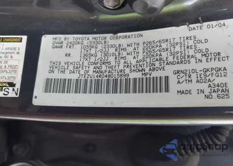 2004 Toyota 4Runner Sr5 V6 z USA, uszkodzony, nr VIN JTEZU14R048015899